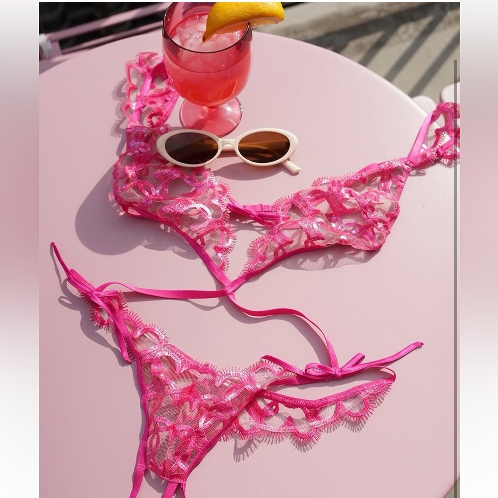 Victoria's Secret Unlined Vibrant Pink Shimmer Heart Sexy Teddy Size XL-Large
